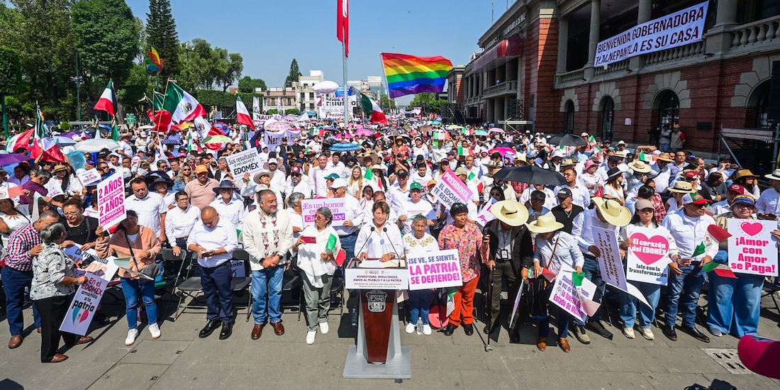 La gobernadora Delfina Gómez Álvarez encabezó la concentración masiva en Tlalnepantla en apoyo a la presidenta Claudia Sheinbaum.