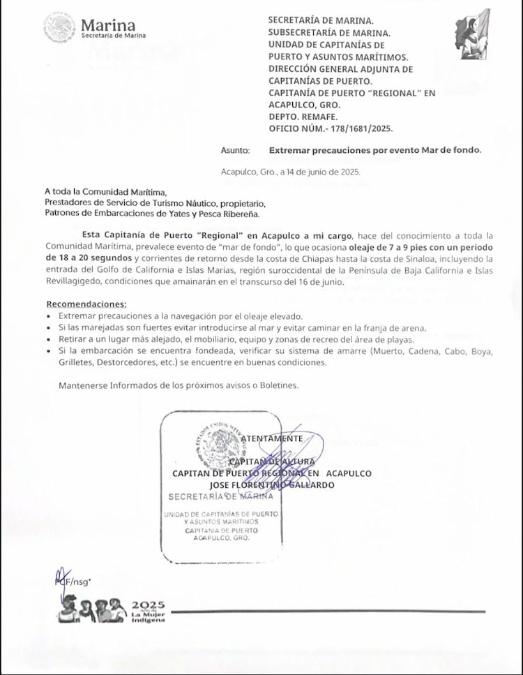 Advertencia de la Secretaría de Marina.