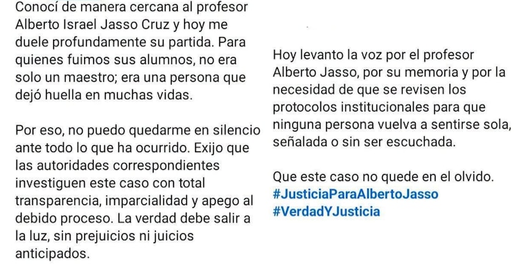 Publicación sobre la muerte del profesor Alberto Israel Jasso Cruz