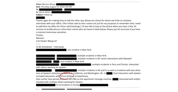 Resultados de la búsqueda "Prince Andrew" en los archivos del caso Epstein