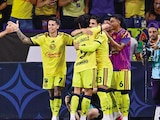 Jugadores azulcremas celebran un gol el pasado miércoles en EU.