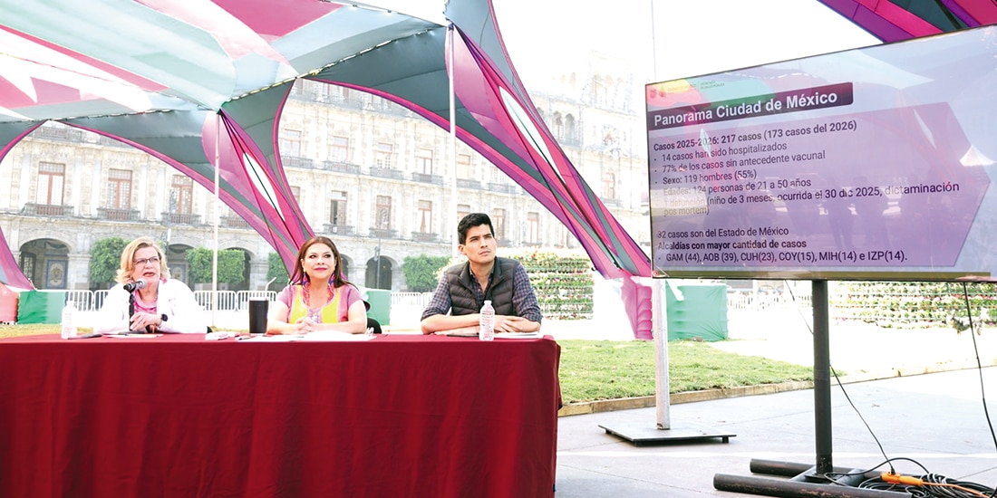 De izq. a der.: Nadine Gasman, Clara Brugada y Mauricio López, ayer, en el Zócalo de la CDMX.
