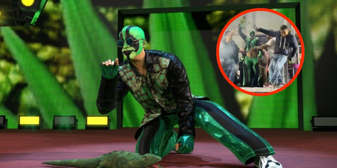 Un aficionado sufrió una fuerte caída al acercarse al luchador Mr.Iguana.