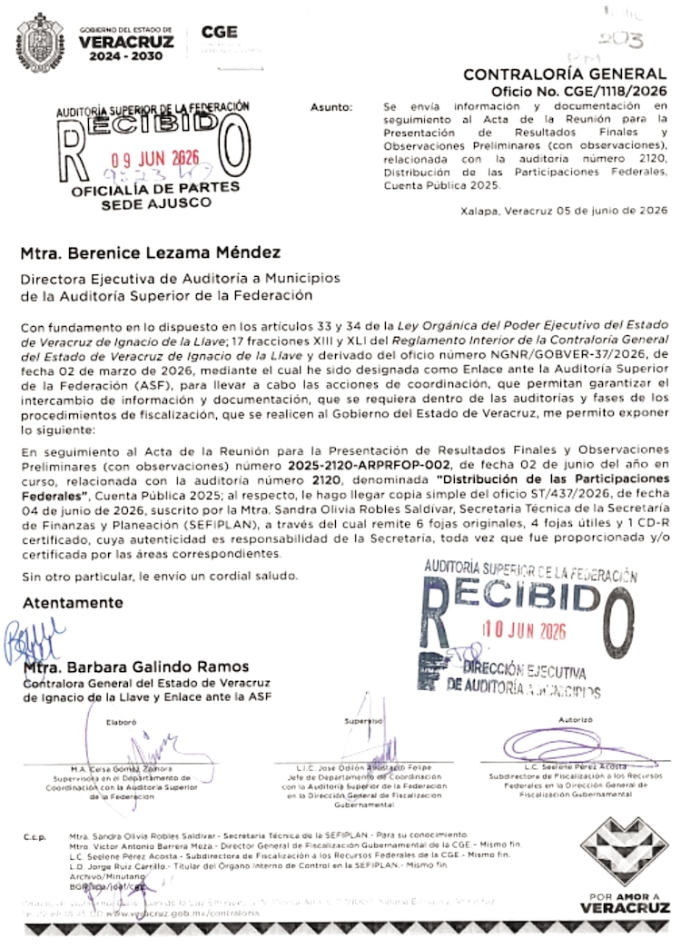 ESCRITO POR MEDIO del cual el 5 de junio pasado las autoridades
estatales remiten documentación requerida por la ASF