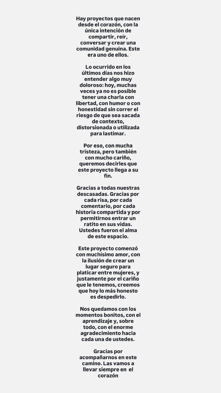 Nayeli Salvatori anuncia cancelación del podcast Descasadas.