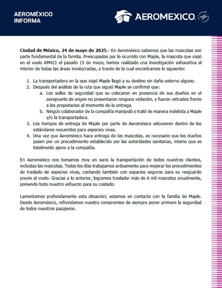 Comunicado de Aeroméxico sobre fin de investigaciones en caso de perrita Maple.