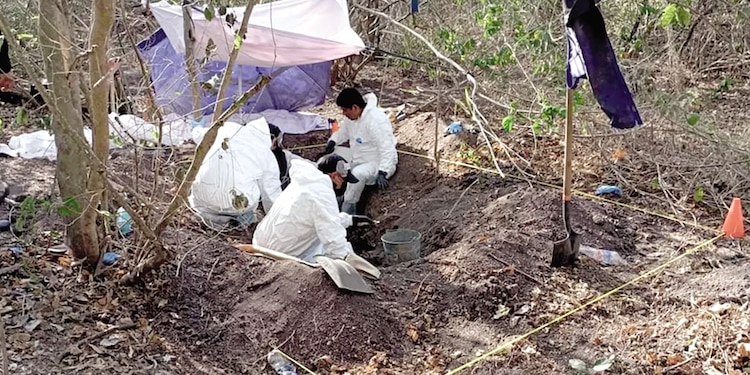 peritos laboran en una fosa localizada en Tecomán, en imagen de archivo.
