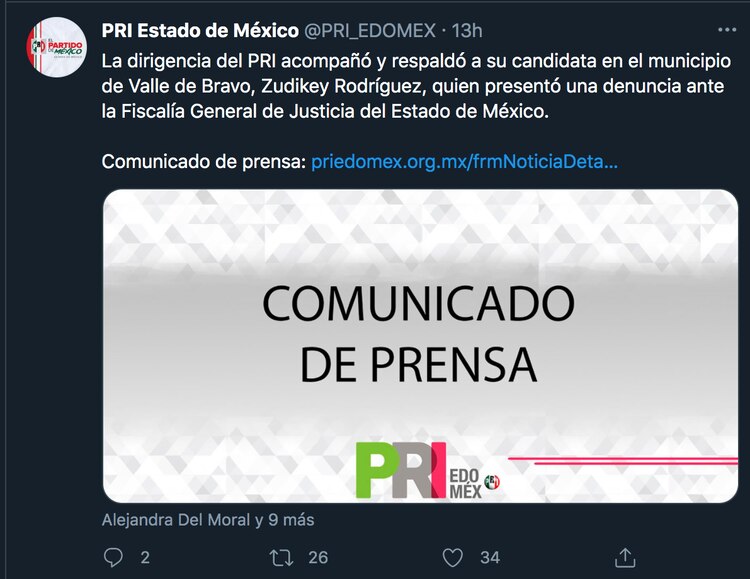 Mensaje publicado en redes sociales del PRI.