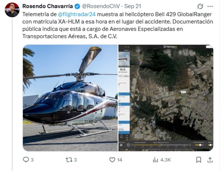 Fotografía del helicóptero, similar el que se ve en el video, según un usuario de X.