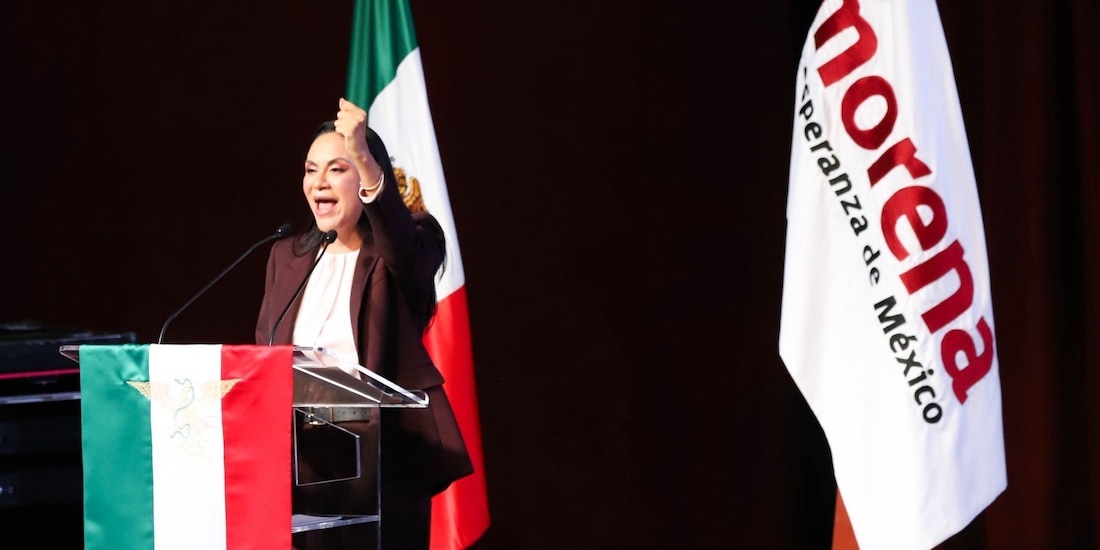 La dirigente nacional de Morena, Ariadna Montiel Reyes, durante la celebración por el 15 aniversario del partido, el 7 de octubre de 2026.