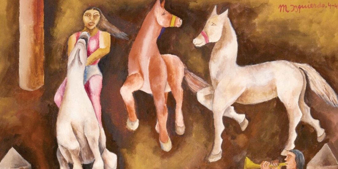 La obra Caballo en el circo data de abril de 1940 y mide 42 x 54 centímetros.