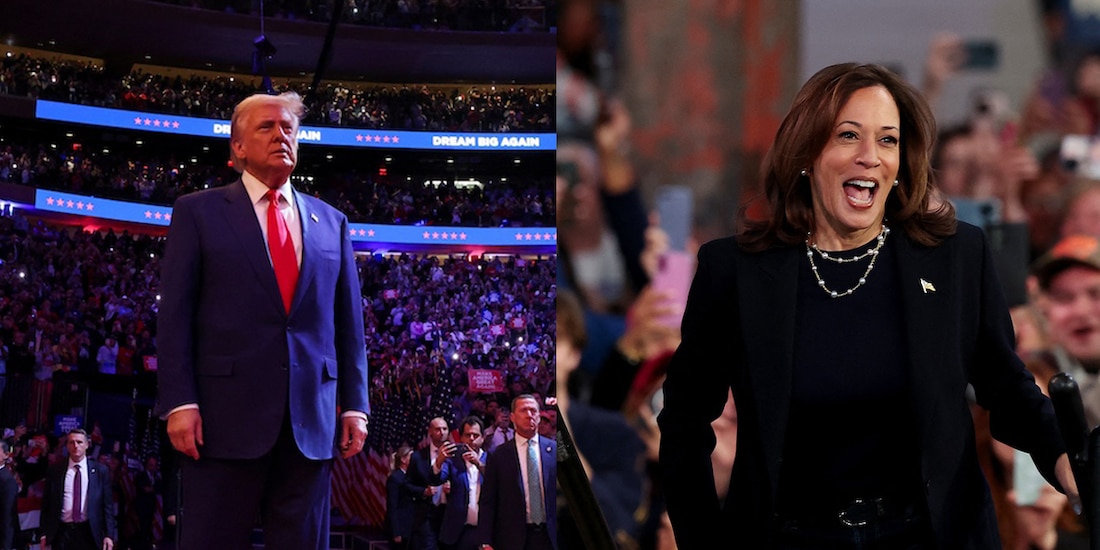 El aspirante republicano encabeza un mitin ayer en el Madison Square Garden, NY; la vicepresidenta Kamala Harris saluda a simpatizantes en un evento en Filadelfia, ayer.