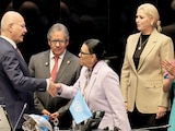 ROSA ICELA Rodríguez y Barham Salih, ayer, en sesión solemne del Senado.