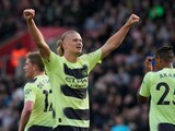 Erling Haaland del Manchester City celebra tras anotar en la victoria ante el Southampton en la Liga Premier el sábado 8 de abril del 2023.