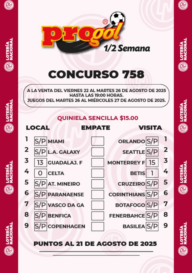 Quiniela del Progol Media Semana 758.