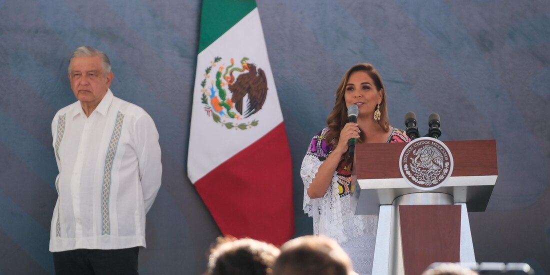Mara Lezama y AMLO en conferencia de prensa desde Cancún.