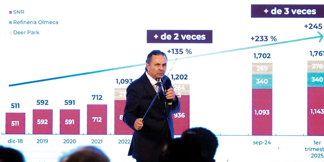 Octavio Romero, director de Pemex, durante la conferencia matutina de Palacio Nacional, ayer.