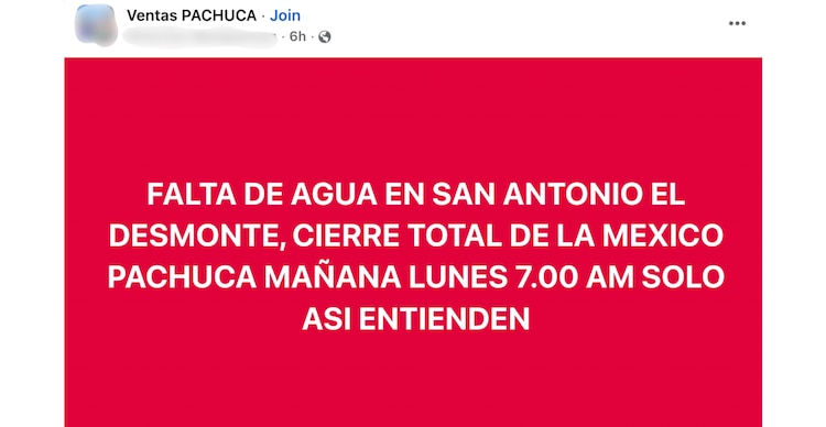 Publicación en Facebook sobre cierre de la Autopista México-Pachuca