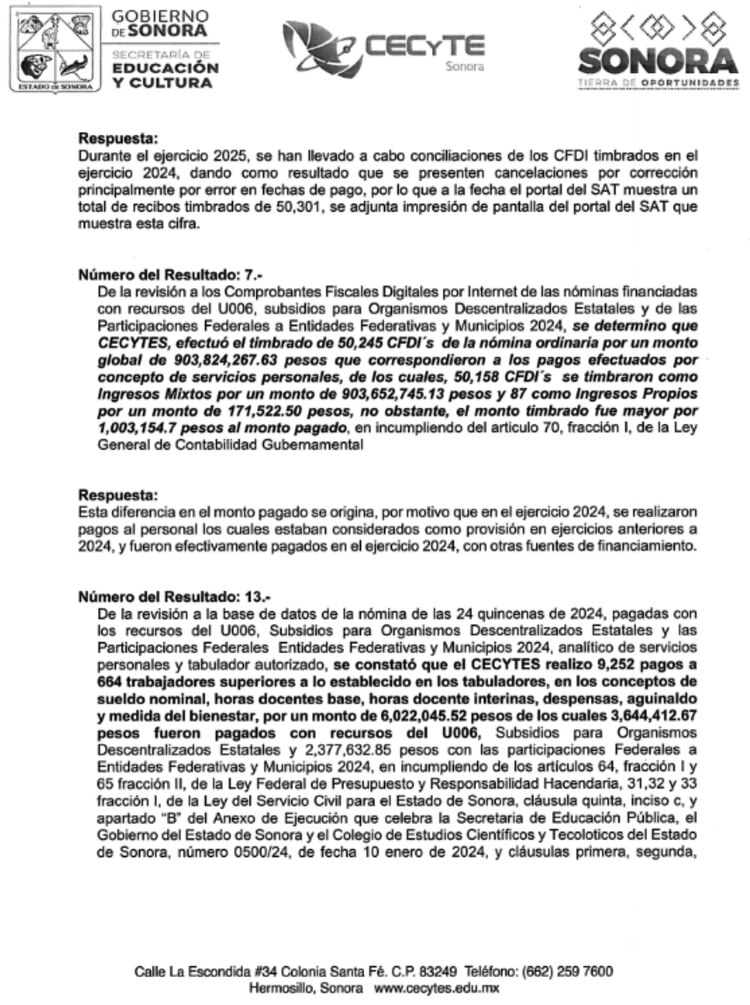 Documento de respuesta del CECyTE a la ASF. Se reconoce que se realizaron 9,252 pagos superiores a lo establecido.
