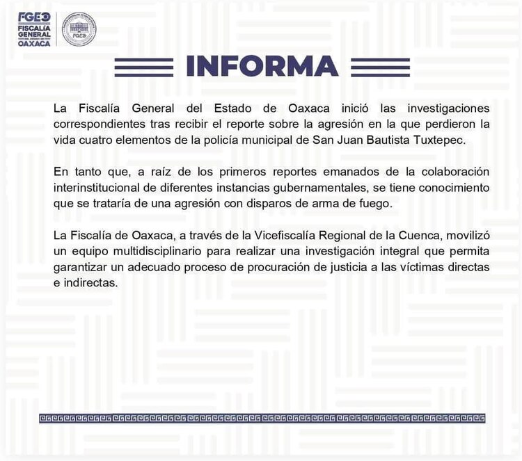 Tarjeta informativa de la Fiscalía General del Estado de Oaxaca