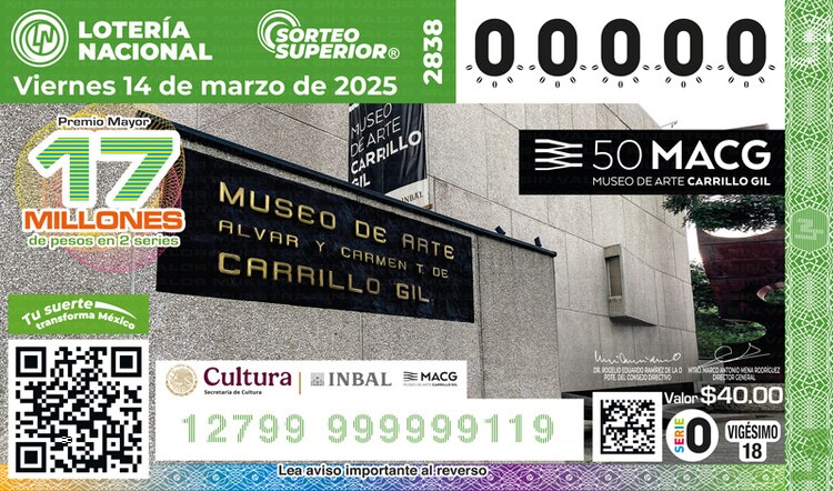 El billete del Sorteo Superior 2838 está dedicado al 50 aniversario del Museo de Arte Carrillo Gil, fundado en 1974 por el Dr. Alvar Carrillo Gil y su esposa Carmen Tejero de Carrillo Gil.