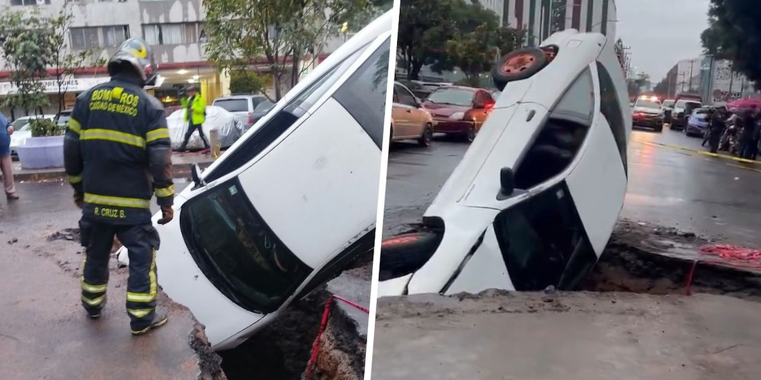 Automóvil cae en socavón frente a IMSS Tlatelolco.