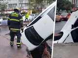 Automóvil cae en socavón frente a IMSS Tlatelolco.