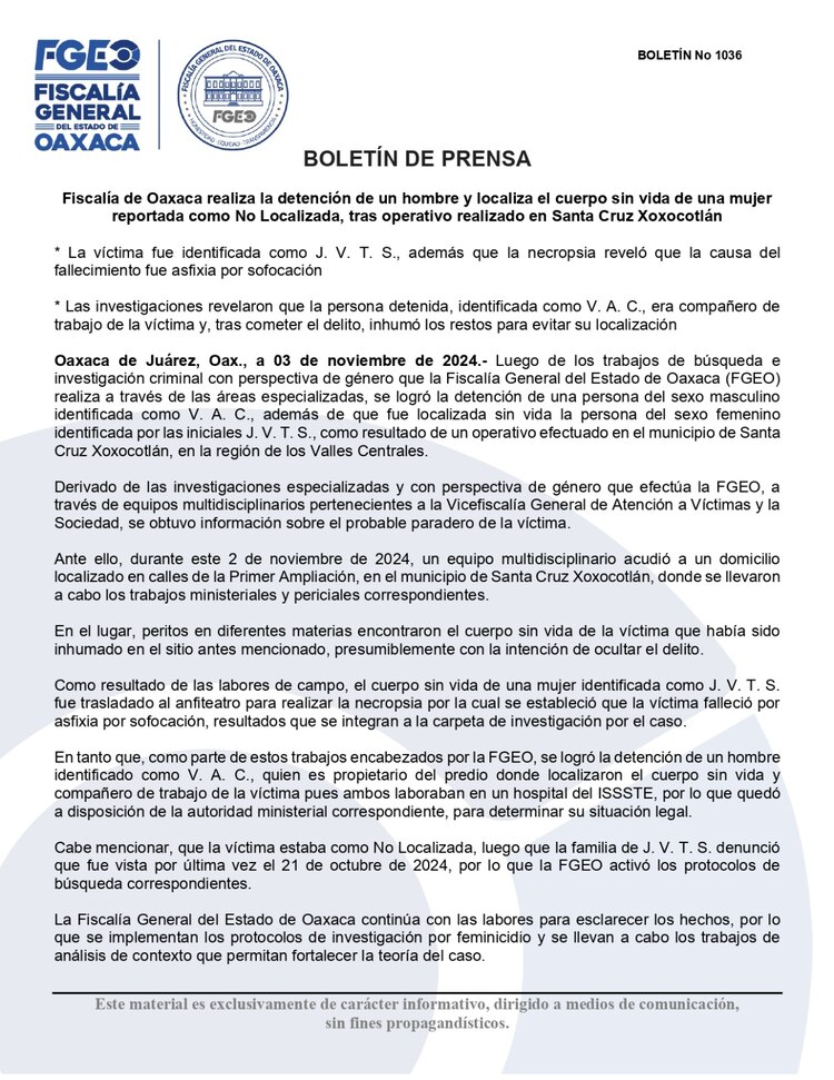 Comunicado de la Fiscalía de Oaxaca.