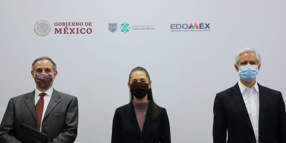 De izq. a der.: el subsecretario de Salud, Hugo López-Gatell; la Jefa de Gobierno, Claudia Sheinbaum, y el gobernador del Edomex, Alfredo del Mazo, ayer.