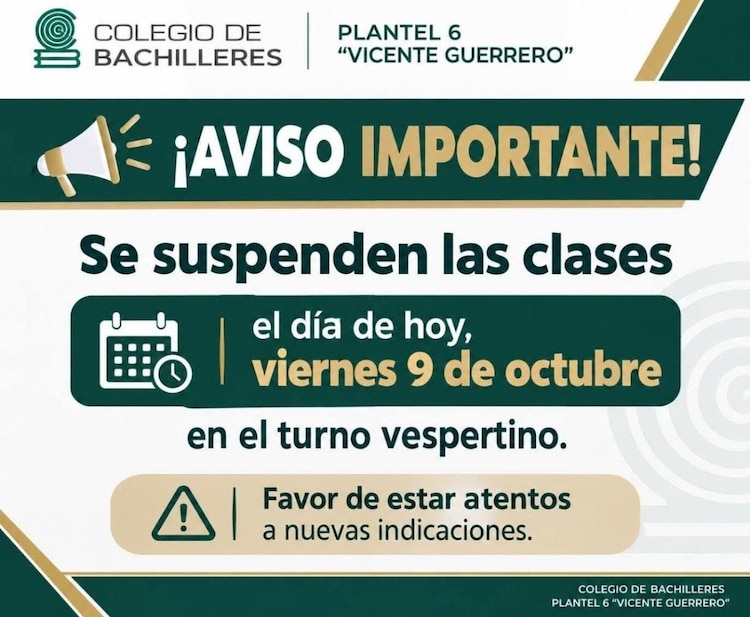 Infografía difundida en redes sociales sobre suspensión de clases en Bachilleres 6.