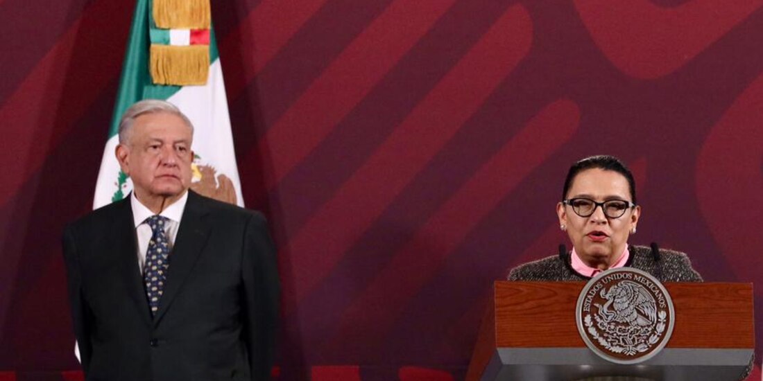 Rosa Icela Rodríguez durante la conferencia del Presidente López Obrador en Palacio Nacional.