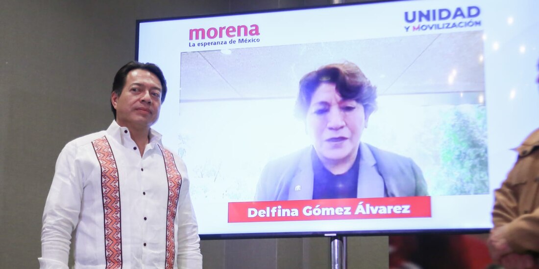 Mario Delgado informó del resultado de la encuesta que dio como triunfadora a Delfina Gómez.