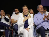 Maru Campos, gobernadora de Chihuahua, en evento del PAN en el estado; a su lado, el expresidente Vicente Fox.