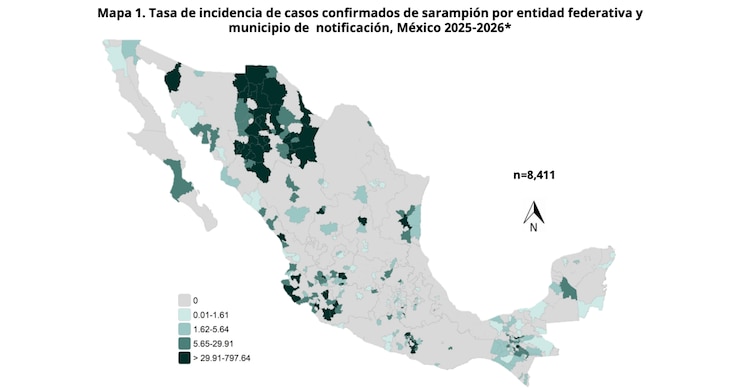 Tasa de incidencia de casos confirmados de sarampión por entidad federativa y municipio de notificación, México 2025-2026