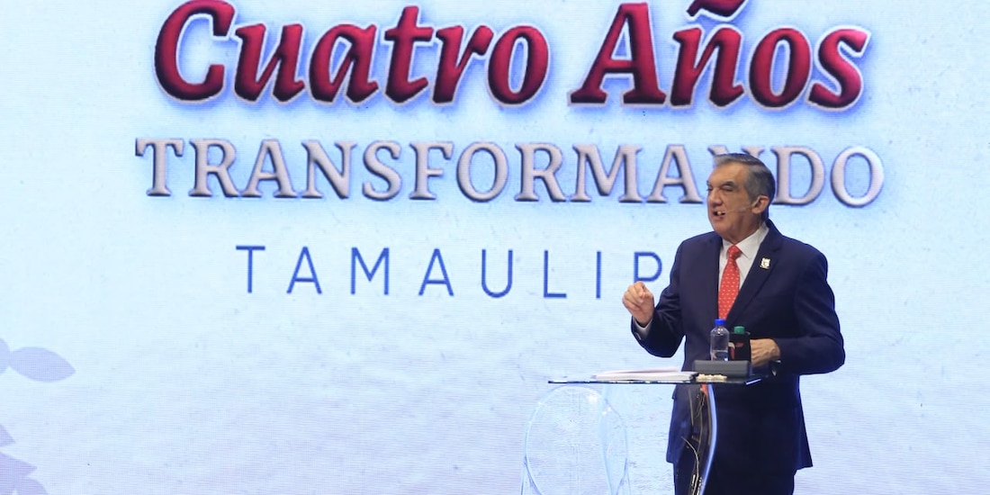 Américo Villarreal Anaya durante el balance de sus cuatro años de administración en Tamaulipas.