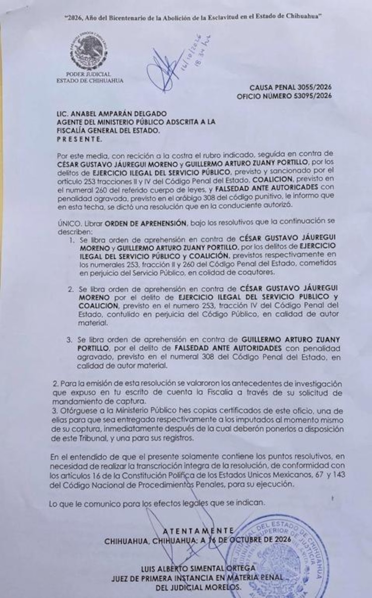 Orden de aprehensión contra César Jáuregui y Guillermo Arturo Zuany Portillo.