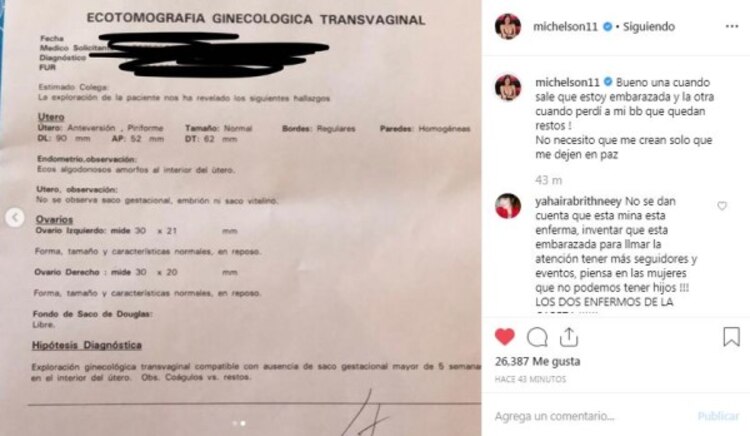 Publicación de Nacha al anunciar la pérdida de su bebé