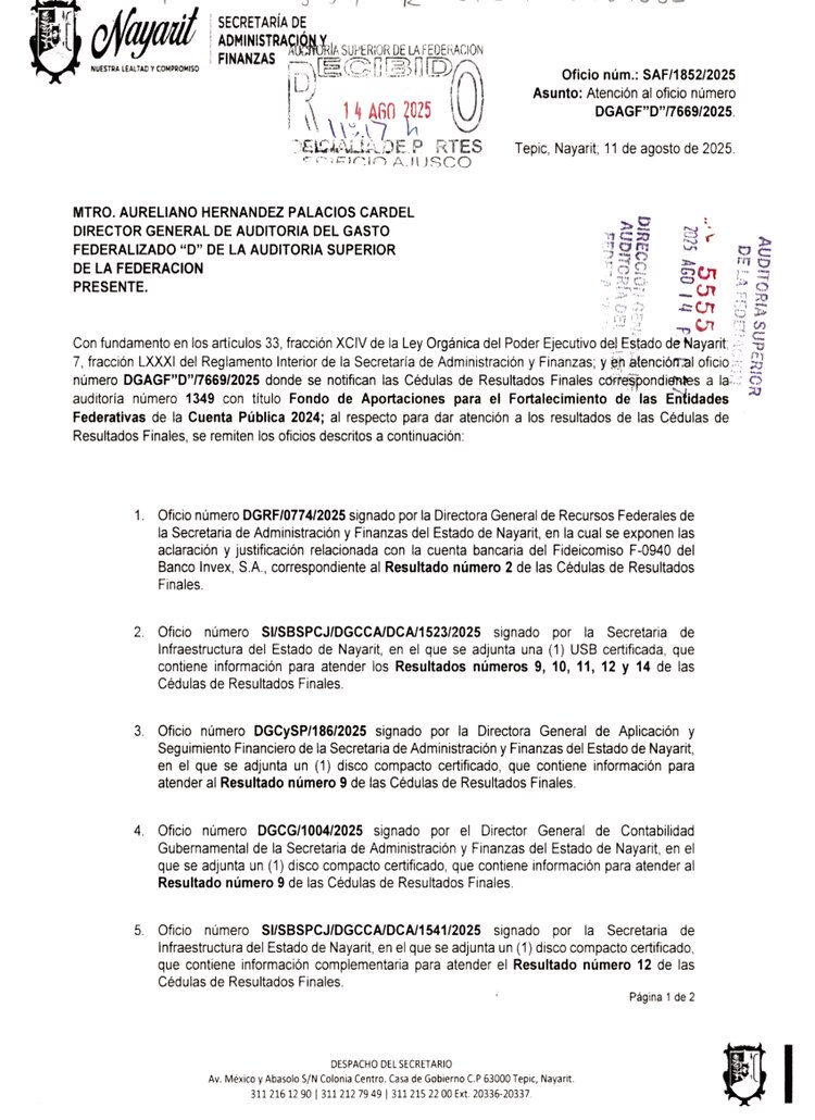 Oficio presentado por la autoridad estatal que buscaba atender observaciones de la Auditoría Superior de la Federación, pero que no fue suficiente para aclarar o justificar las puntualizaciones que hizo el ente fiscalizador.