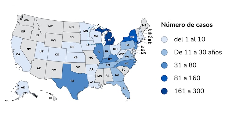 Mapa de casos de ciclosporiasis adquiridos en Estados Unidos