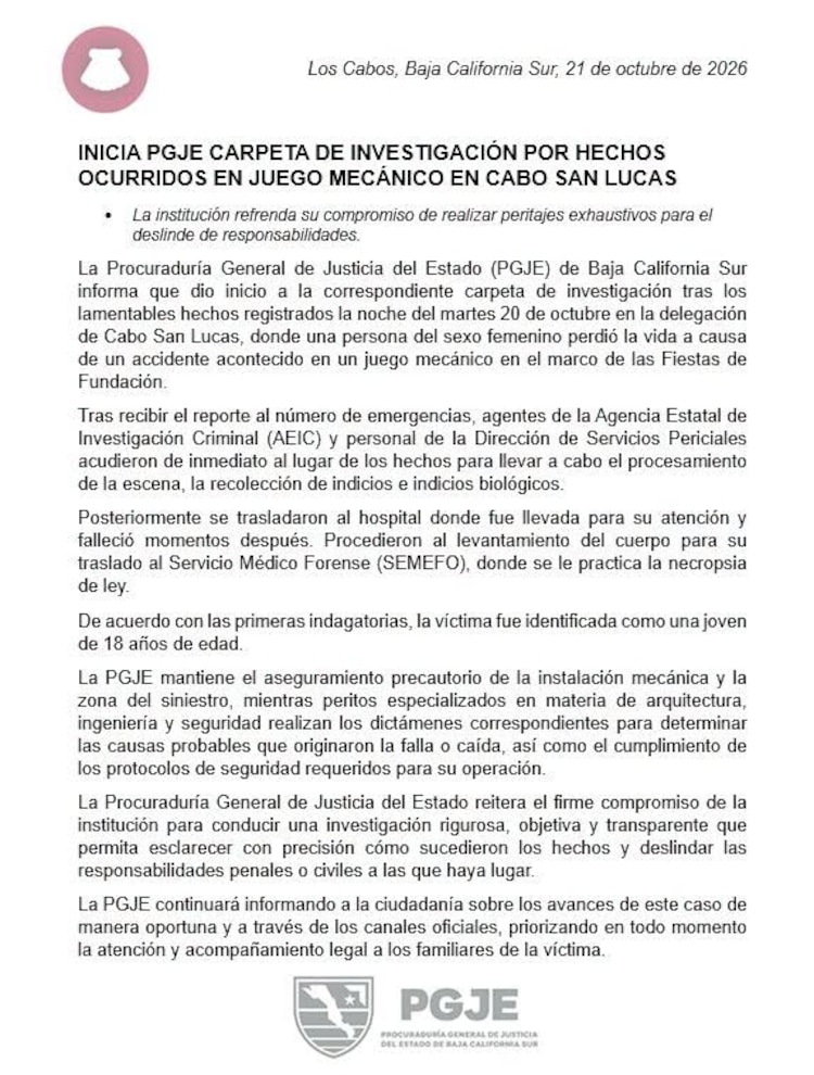 Procuraduría de Baja California Sur investiga muerte de joven en Los Cabos.