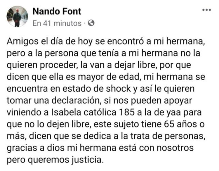 Fernando Font, hermano de Ana Arizabeth, a través de redes sociales.