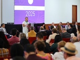 La Jefa de Gobierno, Clara Brugada Molina, durante su intervención en el informe anual 2025 de la CDHCM.
