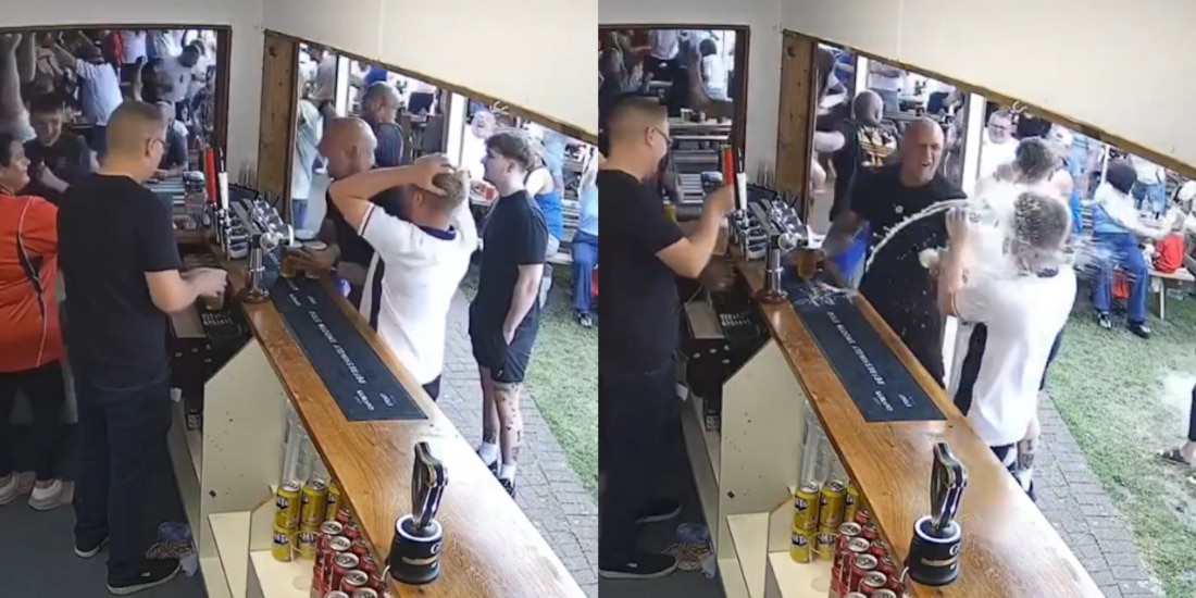 Aficionado inglés lanza cerveza a la cara de su amigo.