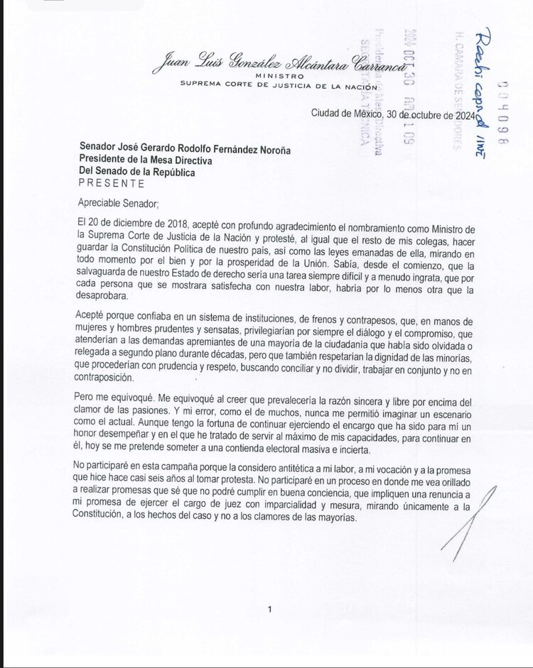 Carta de renuncia del ministro Alcántara Carranca.