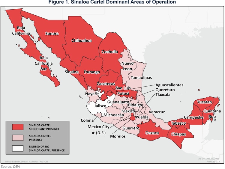 Cártel de Sinaloa opera en 31 entidades del país, según la DEA.