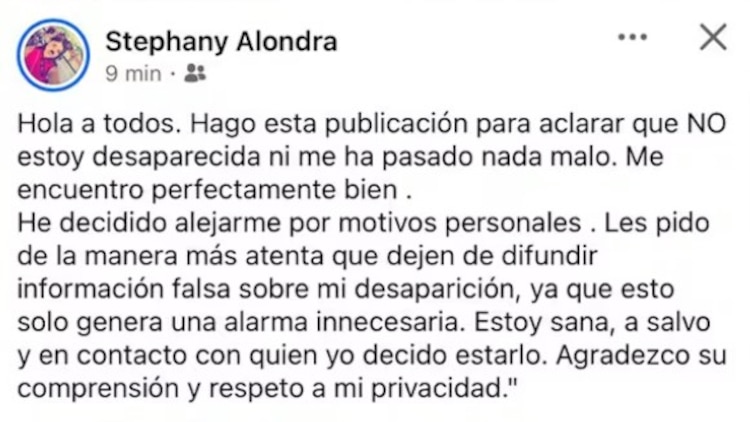 Mensaje en Facebook de quien, presuntamente, es la joven que fue reportada desaparecida.