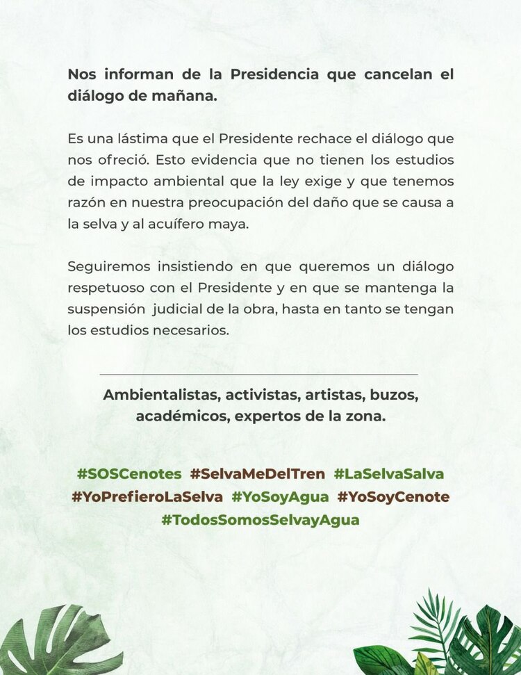 Comunicado de la campaña #SélvameDelTren.
