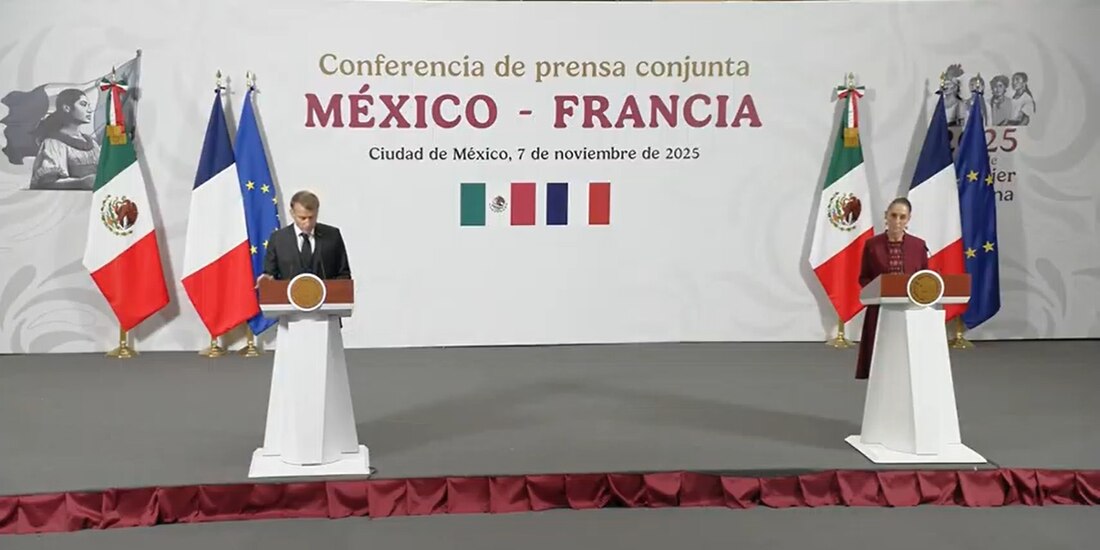 Emmanuel Macro y Claudia Sheinbaum este viernes en Palacio Nacional.