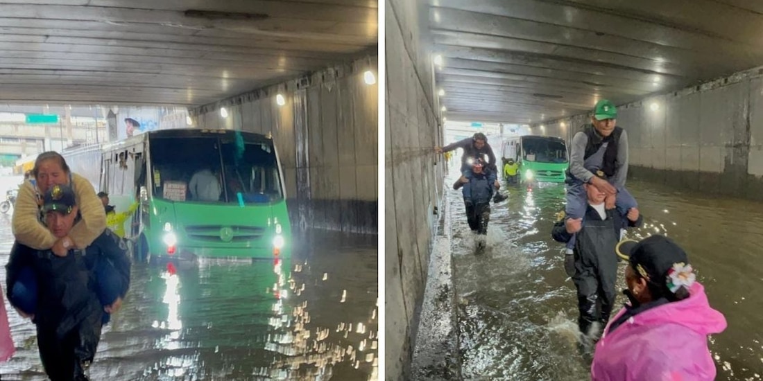 Policías rescatan a pasajeros varados por estancamiento de camión en inundación.