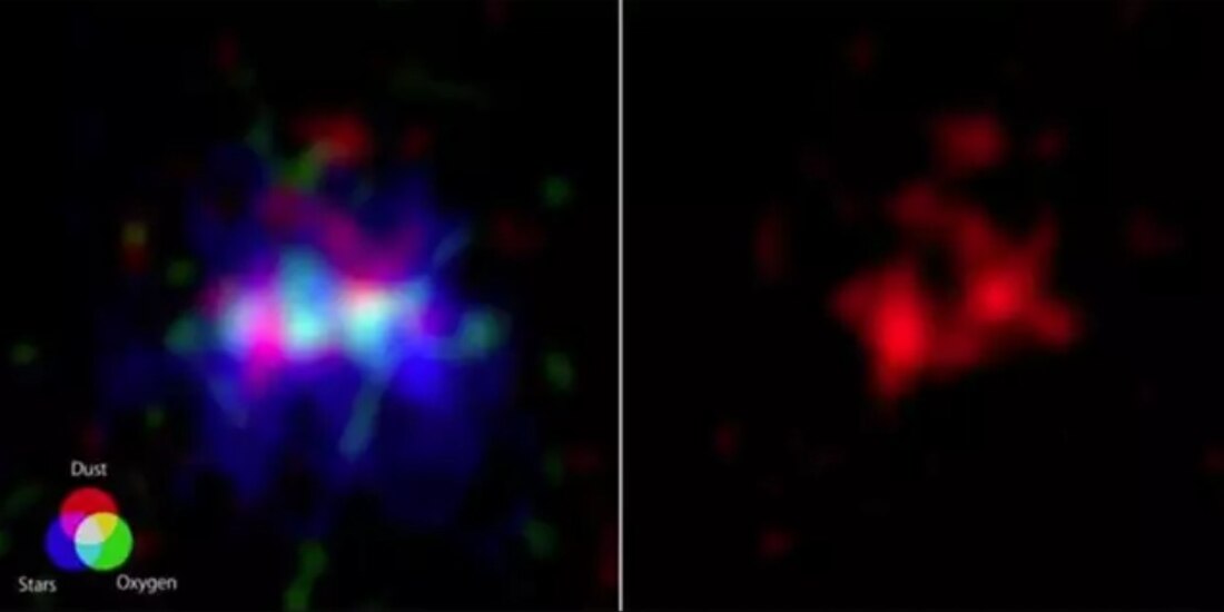 Cunas y tumbas estelares en la galaxia más lejana jamás vista en observaciones con el telescopio ALMA.